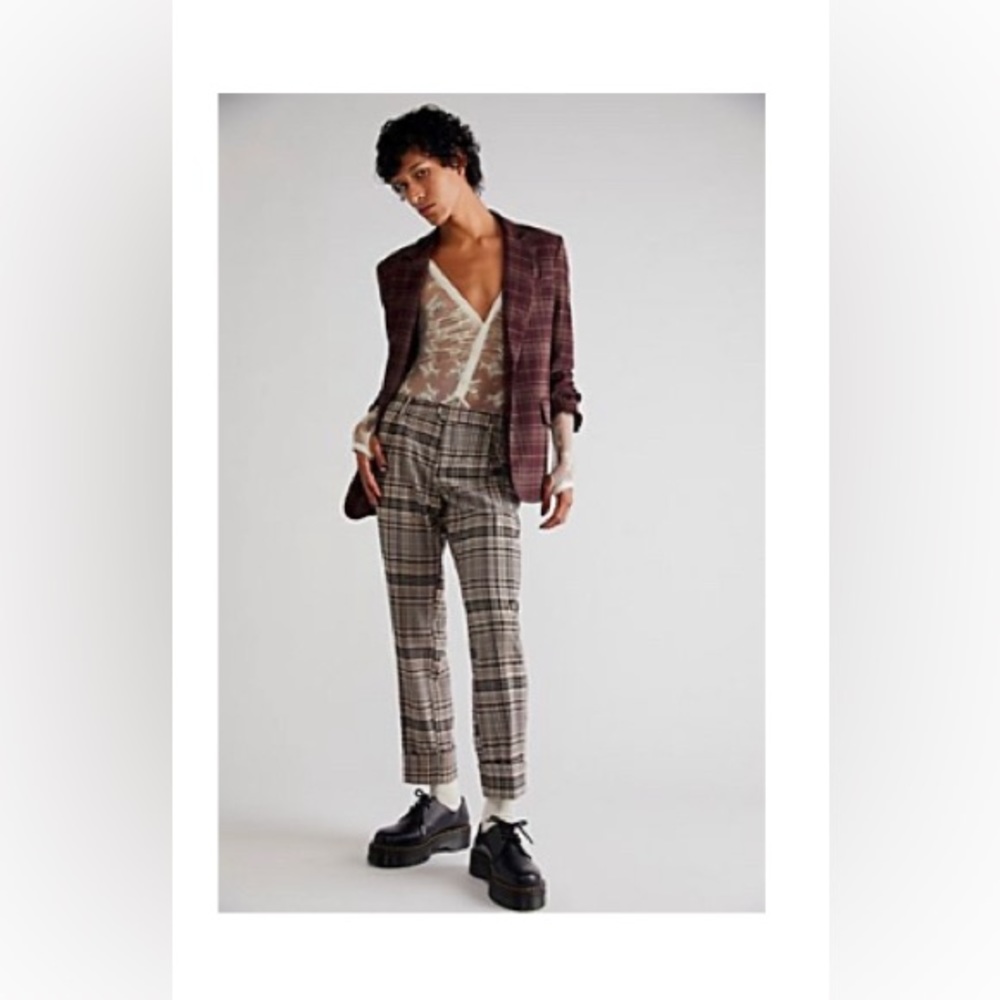 Free People Plaid Trousers in Beige and Black